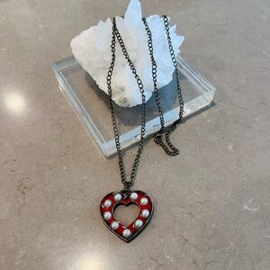 Vintage Red Enamel Heart Pendant Necklace with Faux Pearls